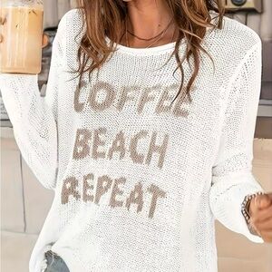 New Women's White Knit 'Coffee Beach Repeat' Lightweight Pullover- Medium